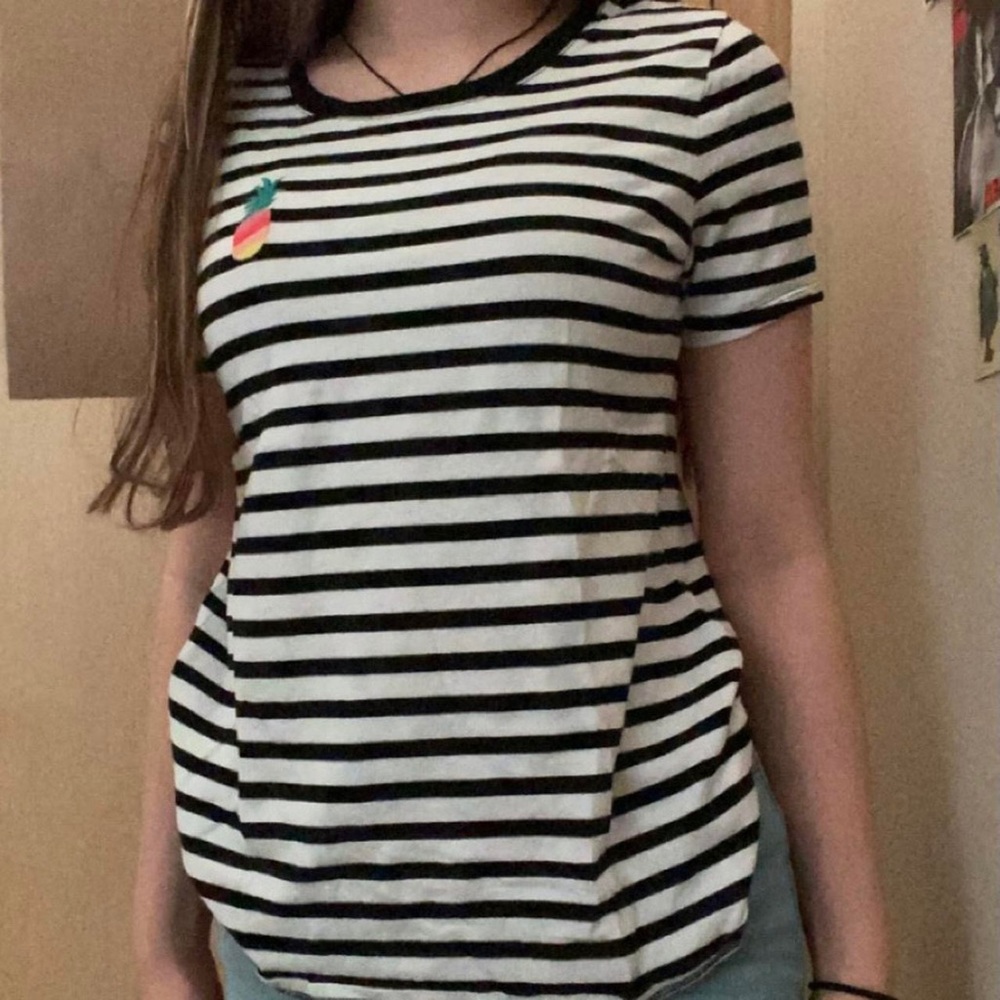 Black and White striped t shirt with pineapple embroidery